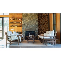 Vaterra Traditional Cream Upholstered Woven Rattan Brown Teak Outdoor Sofa - 104"|