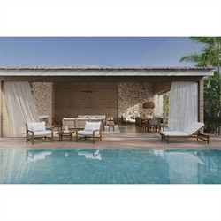 Vaterra Traditional Cream Upholstered Woven Rattan Brown Teak Outdoor Sofa - 104"|