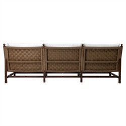 Vaterra Traditional Cream Upholstered Woven Rattan Brown Teak Outdoor Sofa - 104"|