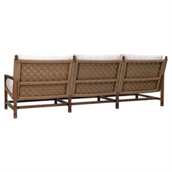 Vaterra Traditional Cream Upholstered Woven Rattan Brown Teak Outdoor Sofa - 104"|