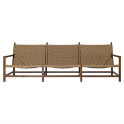 Vaterra Traditional Cream Upholstered Woven Rattan Brown Teak Outdoor Sofa - 104"|
