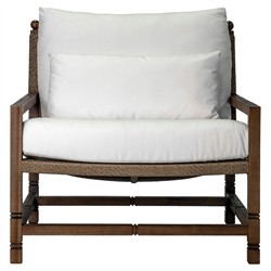 Vaterra Traditional Cream Upholstered Woven Rattan Brown Teak Outdoor Lounge Chair|