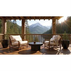 Vaterra Traditional Cream Upholstered Woven Rattan Brown Teak Outdoor Lounge Chair|