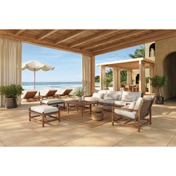 Vaterra Traditional Cream Upholstered Woven Rattan Brown Teak Outdoor Lounge Chair|