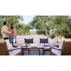 Vaterra Traditional Cream Upholstered Woven Rattan Brown Teak Outdoor Lounge Chair|