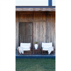 Vaterra Traditional Cream Upholstered Woven Rattan Brown Teak Outdoor Lounge Chair|