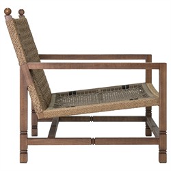 Vaterra Traditional Cream Upholstered Woven Rattan Brown Teak Outdoor Lounge Chair|