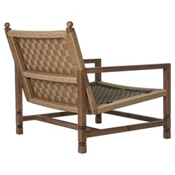 Vaterra Traditional Cream Upholstered Woven Rattan Brown Teak Outdoor Lounge Chair|