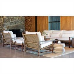 Vaterra Traditional Cream Upholstered Brown Teak Rectangular Outdoor Ottoman|