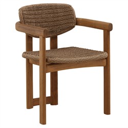 Armande Coastal Beach Brown Woven Wicker Teak Outdoor Dining Arm Chair|