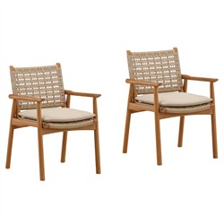 Loane Coastal Beach Sand Woven Wicker Natural Teak Outdoor Dining Arm Chair - Set of 2|