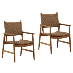 Leandre Coastal Brown Woven Wicker Teak Outdoor Dining Arm Chair - Set of 2|