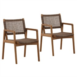 Amicie Dark Brown Woven Wicker Natural Teak Outdoor Dining Arm Chair - Set of 2|