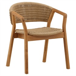 Eulalie Coastal Beach Natural Woven Wicker Teak Outdoor Dining Arm Chair|