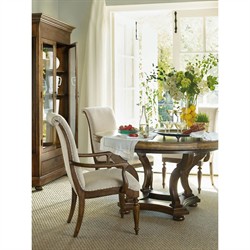 Alban Updated Traditional Cream Linen Dark Brown Wood Dining Arm Chair|