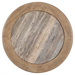 Vince Coastal Beach Grey Travertine Brown Wood Round Pedestal End Table|