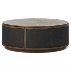 Bertie Rustic Lodge Black Painted Linen Brown Wood Round Storage Coffee Table|