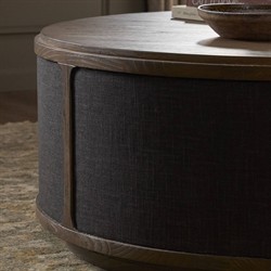Bertie Rustic Lodge Black Painted Linen Brown Wood Round Storage Coffee Table|