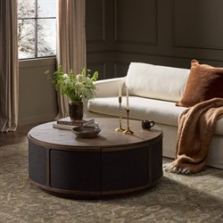 Bertie Rustic Lodge Black Painted Linen Brown Wood Round Storage Coffee Table|