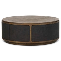 Bertie Rustic Lodge Black Painted Linen Brown Wood Round Storage Coffee Table|