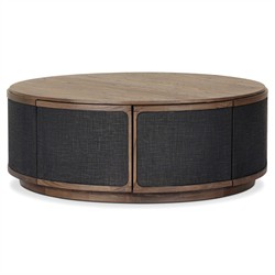 Bertie Rustic Lodge Black Painted Linen Brown Wood Round Storage Coffee Table|