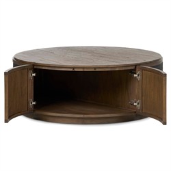 Bertie Rustic Lodge Black Painted Linen Brown Wood Round Storage Coffee Table|