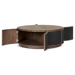 Bertie Rustic Lodge Black Painted Linen Brown Wood Round Storage Coffee Table|