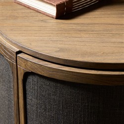 Bertie Rustic Lodge Black Painted Linen Brown Wood Round Storage End Table|