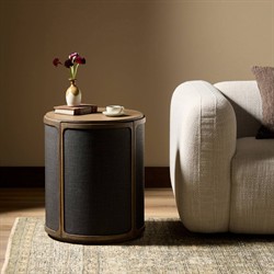 Bertie Rustic Lodge Black Painted Linen Brown Wood Round Storage End Table|