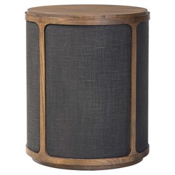 Bertie Rustic Lodge Black Painted Linen Brown Wood Round Storage End Table|