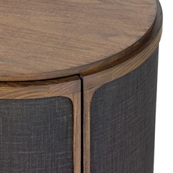 Bertie Rustic Lodge Black Painted Linen Brown Wood Round Storage End Table|
