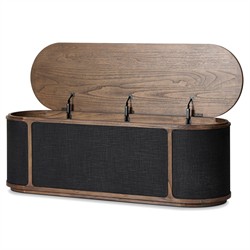 Bertie Rustic Lodge Black Painted Linen Brown Wood Round Storage Bench|