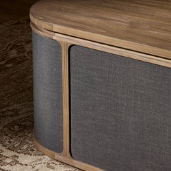 Bertie Rustic Lodge Black Painted Linen Brown Wood Round Storage Bench|