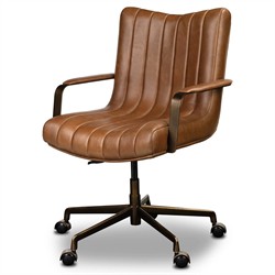 Lemmy Modern Classic Brown Leather Brushed Brass Desk Chair|
