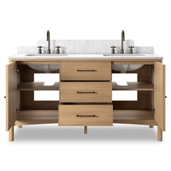 Porter Modern Classic White Marble Brown Oak Double Vanity Sink - 61"|