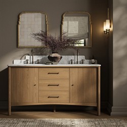 Porter Modern Classic White Marble Brown Oak Double Vanity Sink - 61"|