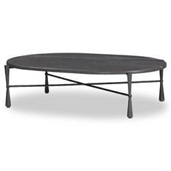 Rayna Updated Traditional Grey Marble Black Iron Oval Coffee Table|