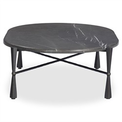 Rayna Updated Traditional Grey Marble Black Iron Oval Coffee Table|