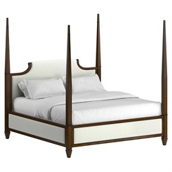 Gatlin Updated Traditional White Upholstered Brown Wood Four Poster Bed - King|