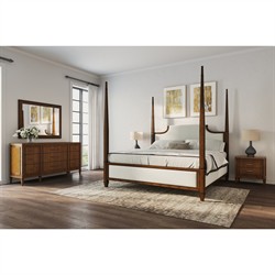 Gatlin Updated Traditional White Upholstered Brown Wood Four Poster Bed - King|
