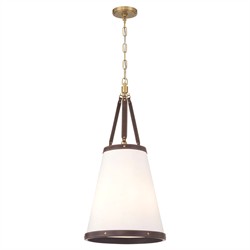 Finley Traditional Brown Leather Trim White Linen 3 Light Pendant|