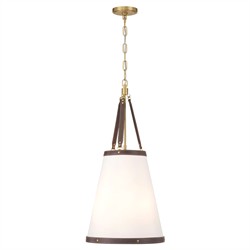 Finley Traditional Brown Leather Trim White Linen 3 Light Pendant|