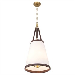 Finley Traditional Brown Leather Trim White Linen 3 Light Pendant|