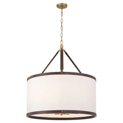 Finley Traditional Brown Leather Trim White Linen Drum Pendant|
