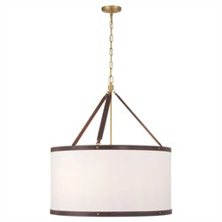 Finley Traditional Brown Leather Trim White Linen Drum Pendant|