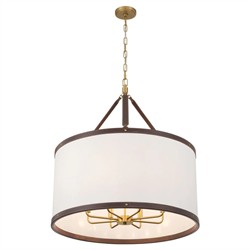 Finley Traditional Brown Leather Trim White Linen Drum Pendant|