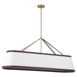 Finley Traditional Brown Leather Trim White Linen Linear Chandelier|