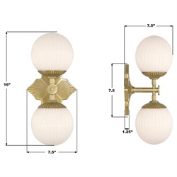 Arden Traditional Aged Brass White Ribbed Glass 2 Light Sconce|