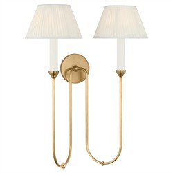 Visual Comfort Ingela White Silk Pleated Antique Brass Double Armed Sconce|