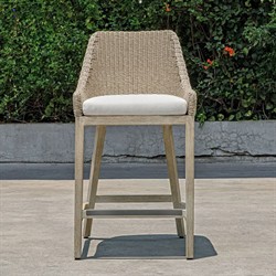 Amalfi Coastal Beach Grey Mahogany Wood Woven Wicker Outdoor Counter Stool|